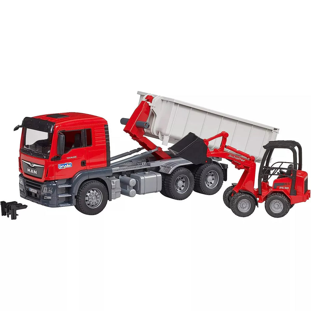 BRUDER CONSTRUCTION 1:16 MAN TGS TRUCK WITH ROLL-OFF CONTAILNER & SCHAEFF COMPACT LOADER